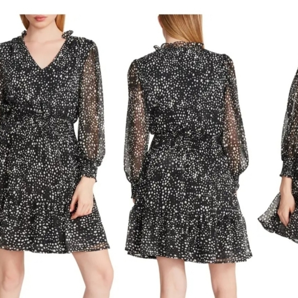 STEVE MADDEN V-Neck Long Sleeve Dot Smocked Waist Minidress  Size L